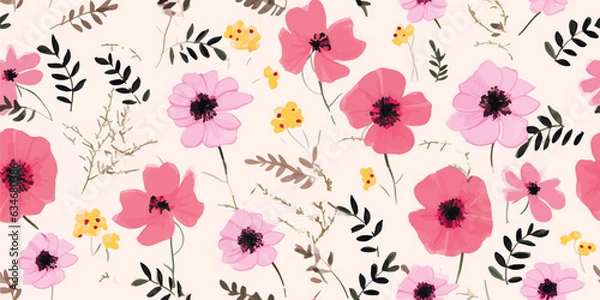 Fototapeta Hand drawn flowers, seamless patterns with floral for fabric, textiles, clothing, wrapping paper, cover, banner, interior decor, abstract backgrounds