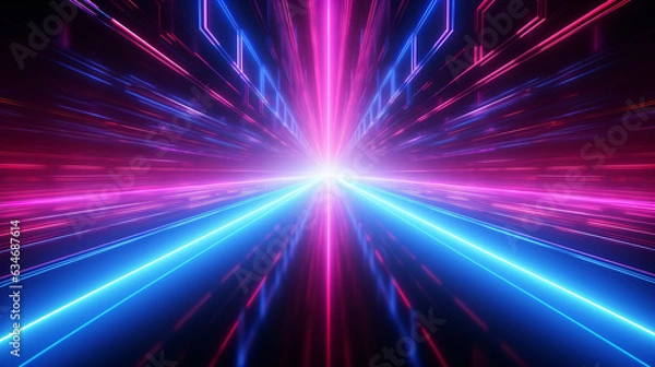 Fototapeta Radial rays and grids, 3D abstract geometric space, blue technology theme background