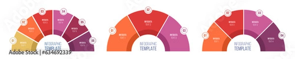 Fototapeta Set of round infographic charts. Infographic design template with 3, 4 and 6 options. Semicircle form pie charts. Infographic vector template. Circular charts. Сolor diagram. Vector illustration.