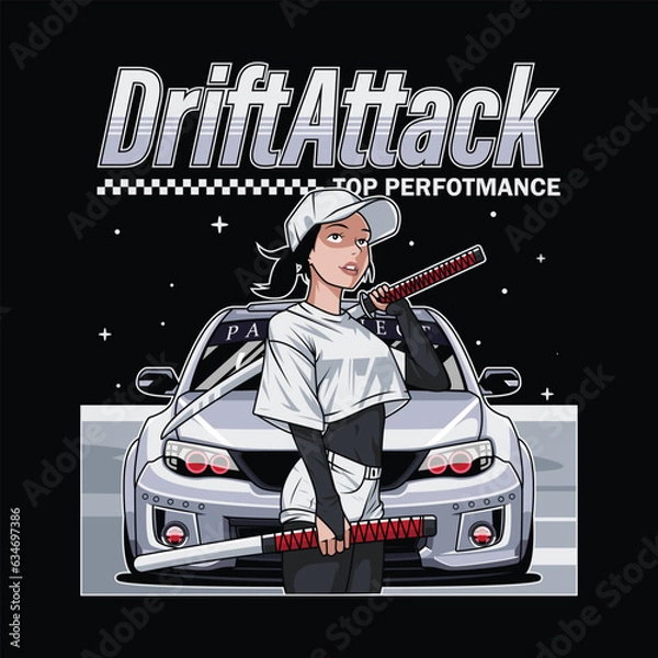 Fototapeta drift attack car vector illustration with samurai woman character, for printing and other uses.
