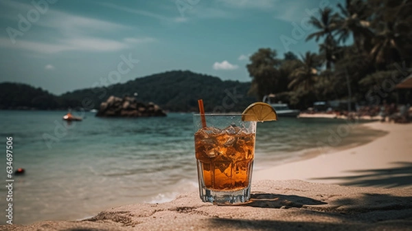 Obraz Tropical Cocktail by the Ocean Under Swaying Palm Trees
