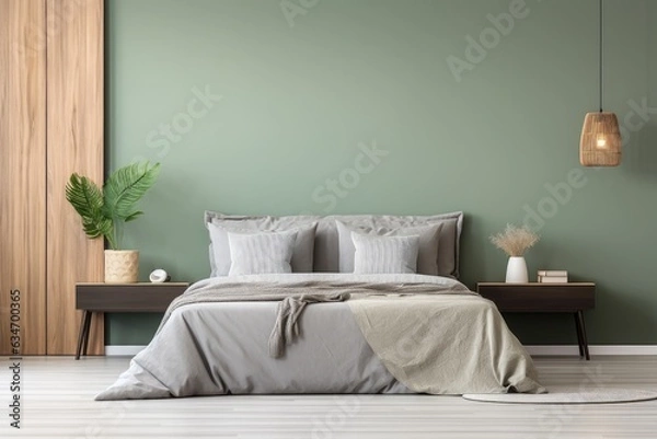 Obraz Bamboo bed, modern bedclothes, night table, and stylish accessories in an elegant bedroom with a eucalyptus wall. Copy space provided.