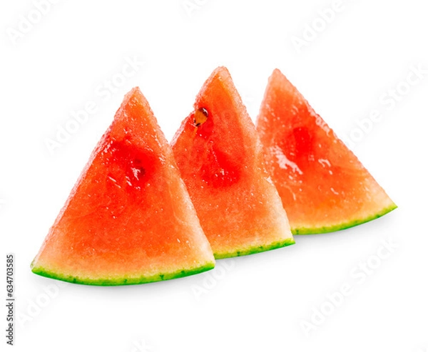 Fototapeta Three slices of ripe juicy refreshing red watermelon edible fruit of triangle shape with seeds isolated on white background consumed raw as healthy dessert or as ingredient in mixed salads and juice
