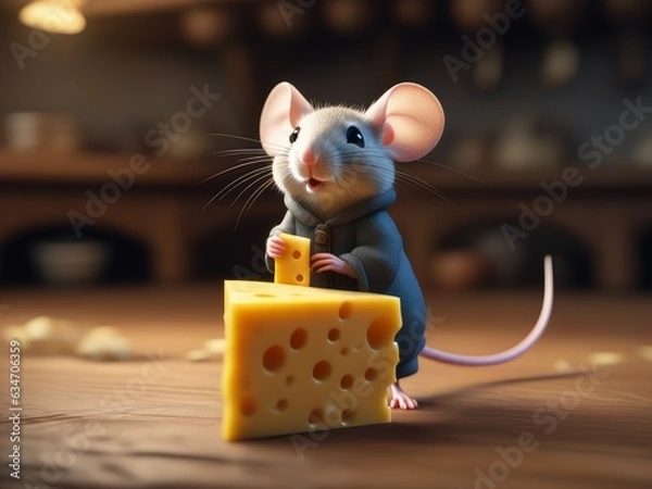 Fototapeta A very cute tiny mouse standing with a piece of cheese, medieval kitchen floor 