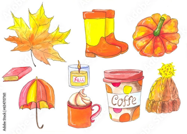 Obraz Autumn set, warm mood, cozy, orange, warm drink, candle