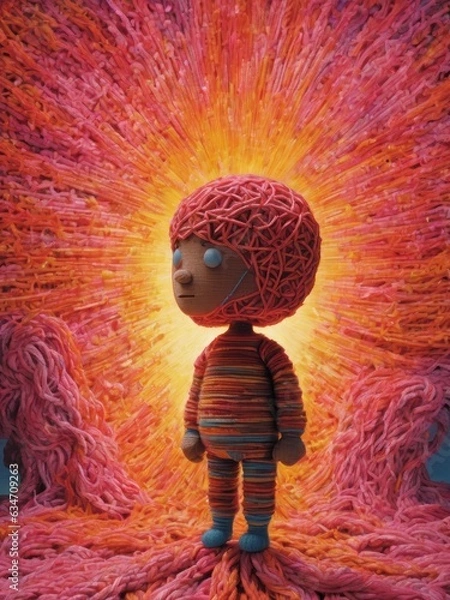 Fototapeta A cartoon boy made of wool surrounded with wool