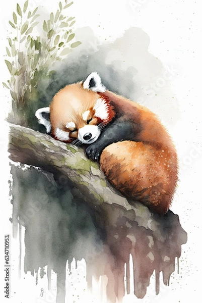 Fototapeta Beautiful watercolor colorful baby red panda sleepy for print design. Cute funny character. Animal art. Watercolor illustration. include "Generative AI"