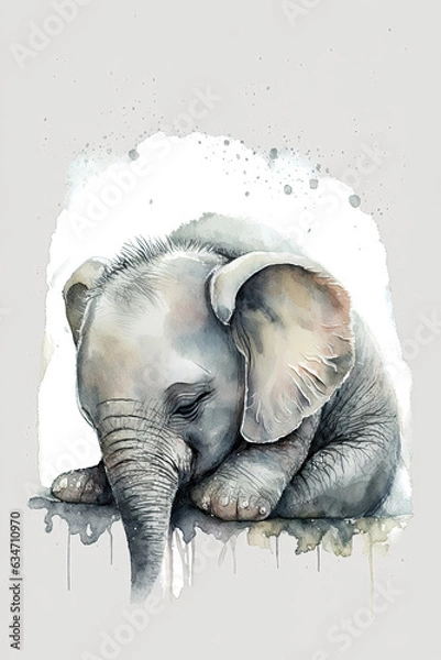 Fototapeta Beautiful watercolor colorful baby elephant sleep for print design. Cute funny character. Animal art. Watercolor illustration. include "Generative AI"
