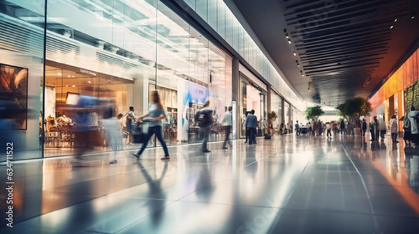 Fototapeta Background with a blur of a contemporary shopping mall featuring a few consumers. Shoppers strolling through the mall, evident motion blur. Abstractly blurred shoppers carrying shopping bag. Gen. AI