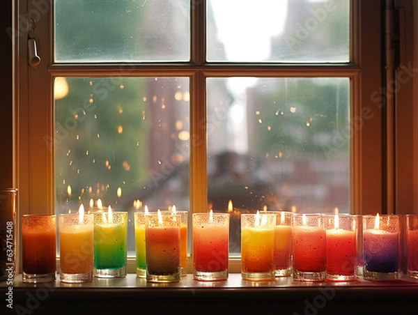 Obraz Burning colorful candles on the window. Generated Ai
