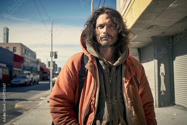 Fototapeta A middle-aged homeless man in worn, dirty attire walks on the sidewalk, bearing the signs of a life marked by challenges and resilience.