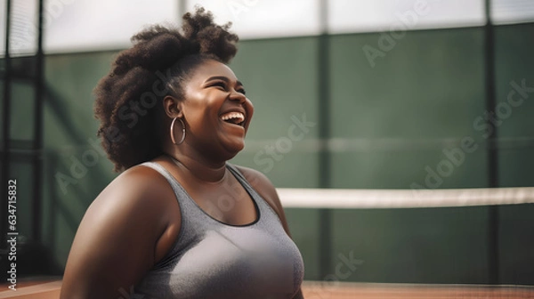 Obraz a black poc woman in sports outfit on a sports ground laughing happy, poc,  generative ai, illustration,