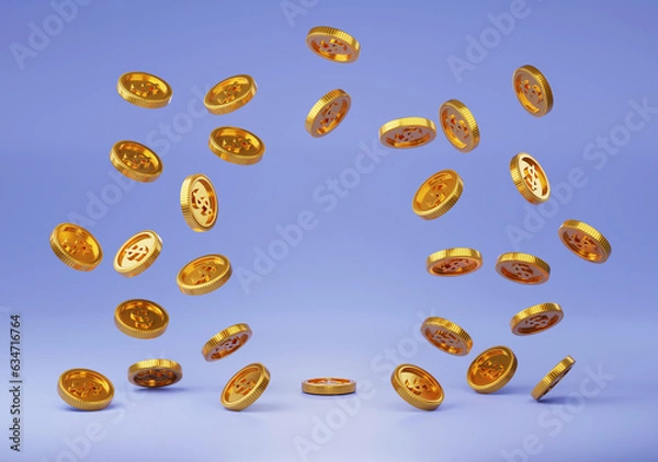 Fototapeta gold coin floating or coin falling down 3D render minimal background for business concept financial, banking and investment with money growth success.