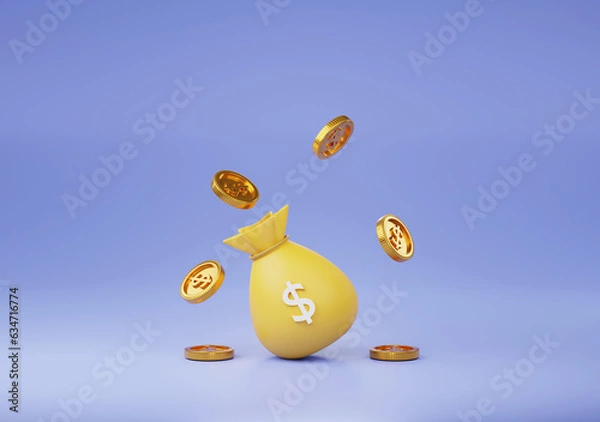 Fototapeta gold coin floating or coin falling down with money bag 3D render minimal background for business concept financial, banking and investment with money growth success.