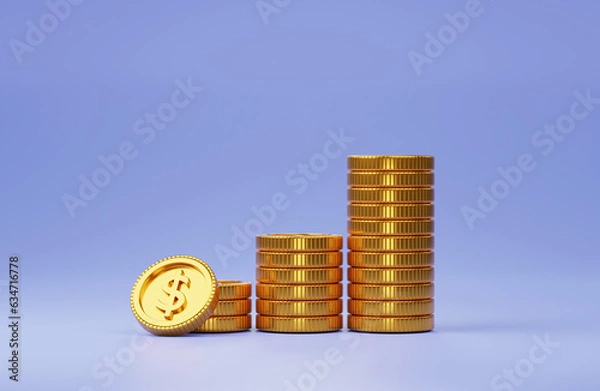 Fototapeta gold coin stacking 3D render minimal background for business concept financial, banking and investment with money growth success.