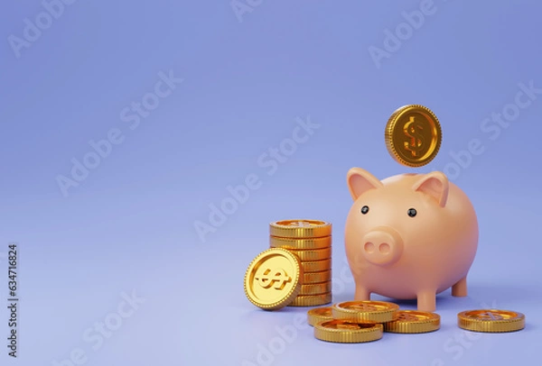 Fototapeta piggy bank with gold coin stacking and falling 3D render minimal blue background for business concept financial, banking and investment with money growth success.