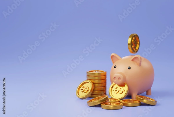 Fototapeta piggy bank with gold coin stacking and falling 3D render minimal blue background for business concept financial, banking and investment with money growth success.