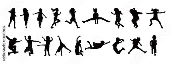 Obraz Vector set of detailed children playing boys and girls silhouettes isolated on white background