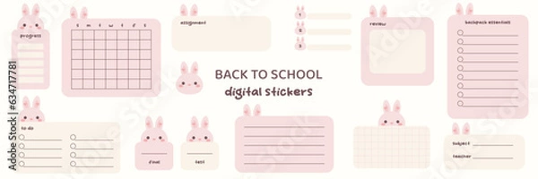 Fototapeta Kawaii bunny digital stickers for students. Digital note papers and stickers for bullet journaling or planning. Student digital stickers. Vector art.