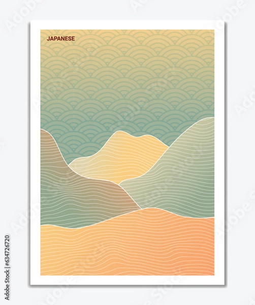 Fototapeta abstract japanese portrait on light background with gradient line wave pattern vector. Abstract template with geometric pattern. Mountain layout design in oriental style. wall art premium design