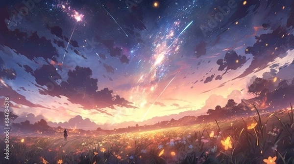 Obraz Generative AI, the sight of a meteor shower on a beautiful night with a dark sky dotted with soft light emanating from stars that sparkle like diamonds, beautiful meteor shower, cool anime landscape