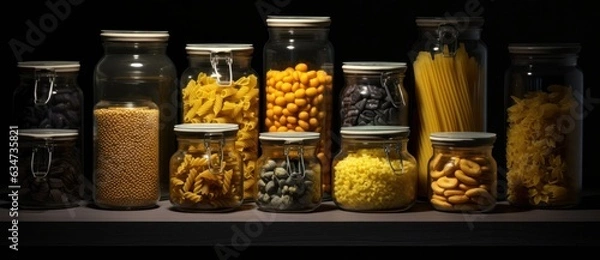 Fototapeta A collection of jars is shown with various pastas in them
