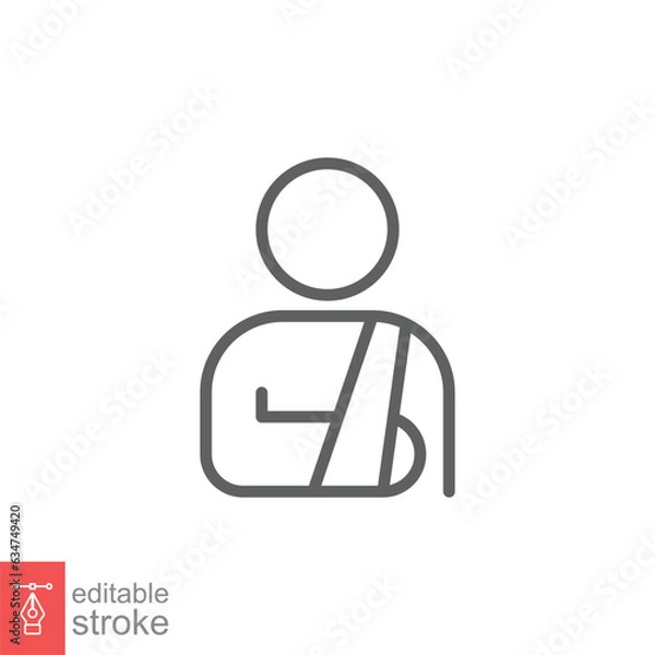 Fototapeta Injured man in bandage icon. Simple outline style. Broken arm, patient, person, wound, medical concept. Thin line symbol. Vector illustration isolated on white background. Editable stroke EPS 10.