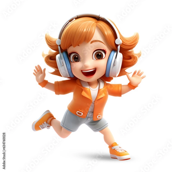 Obraz Cute 3D girl character wearing headphones and dancing with happiness