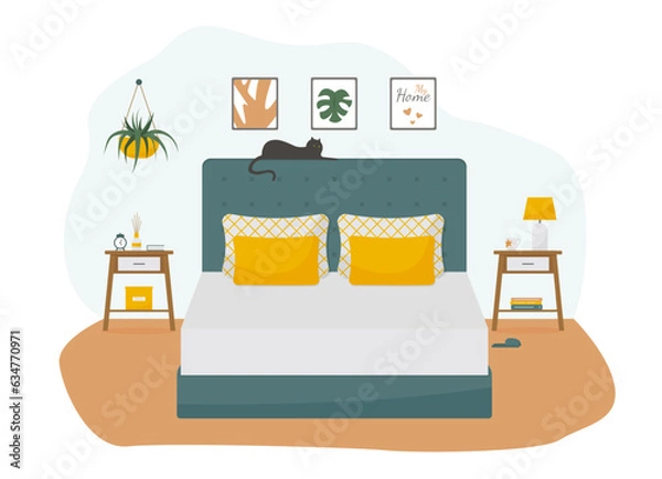 Fototapeta Cozy modern bedroom with a cat on a bed. Concept vector illustration in flat style.