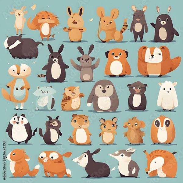 Fototapeta Delightful animal characters in playful poses, tailor-made for children's books and whimsical designs. Bring joy to your projects with these charming creatures