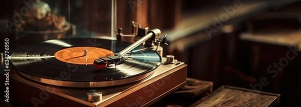 Fototapeta Vintage vinyl record player that reproduces sound,copy space. Created using generative AI technology.