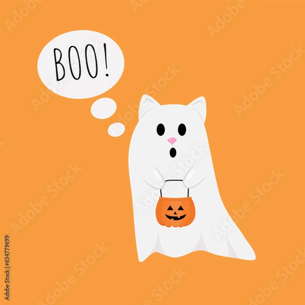 Obraz Happy Halloween. Cute cat ghost on orange background