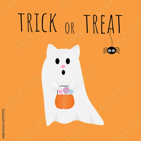 Obraz Happy Halloween. Cute cat ghost on an orange background with a pumpkin. trick or treat