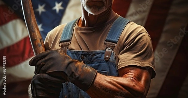 Fototapeta Work Ethic Unveiled, American Laborer's Hand Grasping the Tools with the american flag in the background. Generative AI