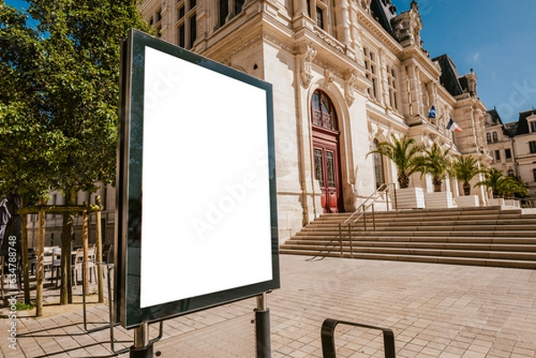 Fototapeta Mockup d'affiche en ville avec une mairie en fond - 120 x 176 - sucette - mock up de poster en bord de route de zone urbaine - journée ensoleillée - incrustation de pub