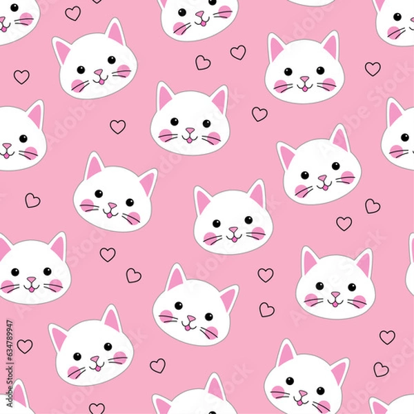 Fototapeta Seamless pattern with cute cats on pink background. Vector illustration. Texture for print, textile, packaging.