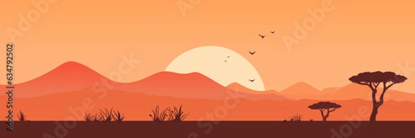 Fototapeta Africa. Beautiful African landscape at sunset. African silhouettes. safari. vector illustration. Beautiful landscape for printing.