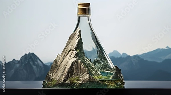 Fototapeta  a glass bottle with a mountain in the background and a lake in the foreground.  generative ai