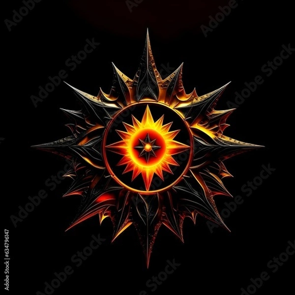 Fototapeta Abstract 8 5 6 9 10 12 pointed fractal cosmic sun burning in flame with smoke chaos star pentagram with cracked volcanic lava ground material symbolic realistic image