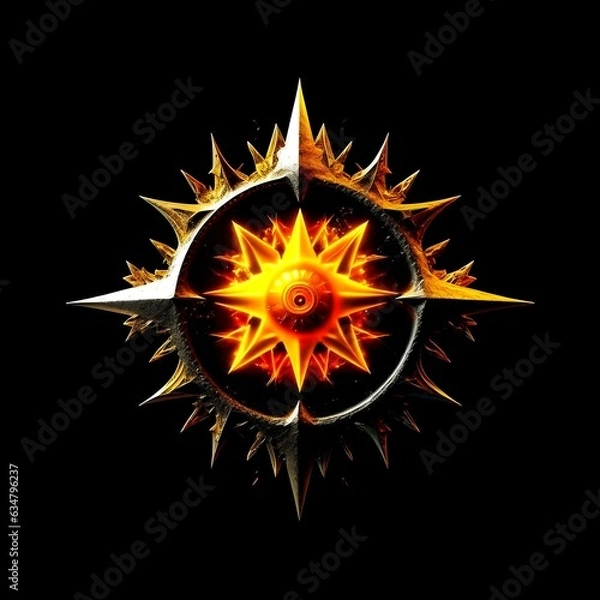 Fototapeta Abstract 8 5 6 9 10 12 pointed fractal cosmic sun burning in flame with smoke chaos star pentagram with cracked volcanic lava ground material symbolic realistic image
