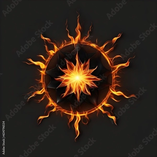 Fototapeta Abstract 8 5 6 9 10 12 pointed fractal cosmic sun burning in flame with smoke chaos star pentagram with cracked volcanic lava ground material symbolic realistic image