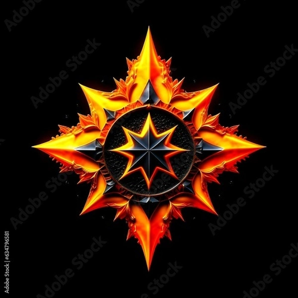Fototapeta Abstract 8 5 6 9 10 12 pointed fractal cosmic sun burning in flame with smoke chaos star pentagram with cracked volcanic lava ground material symbolic realistic image
