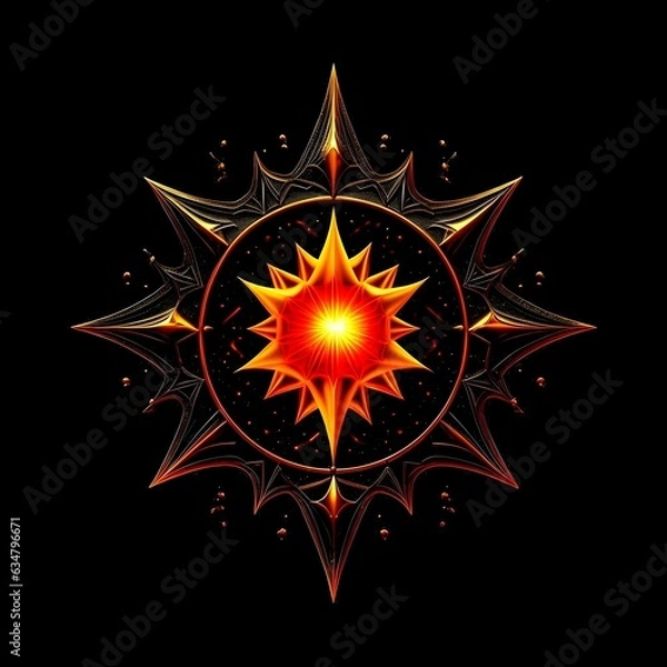 Fototapeta Abstract 8 5 6 9 10 12 pointed fractal cosmic sun burning in flame chaos star pentagram with cracked volcanic lava ground material symbolic realistic image