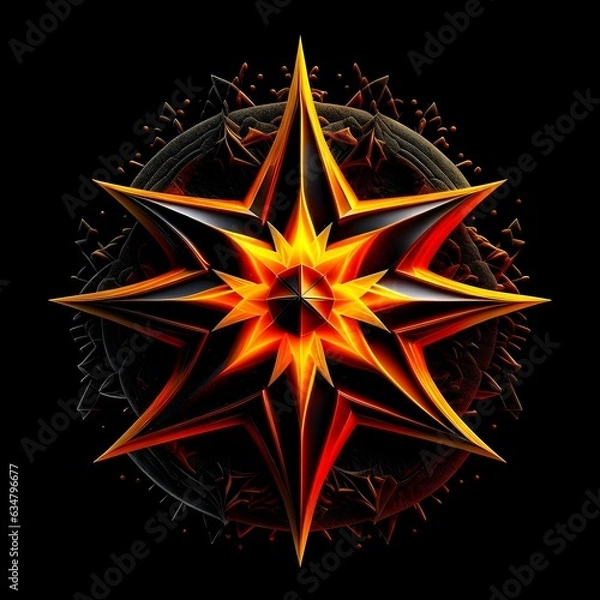 Fototapeta Abstract 8 5 6 9 10 12 pointed fractal cosmic sun burning in flame chaos star pentagram with cracked volcanic lava ground material symbolic realistic image