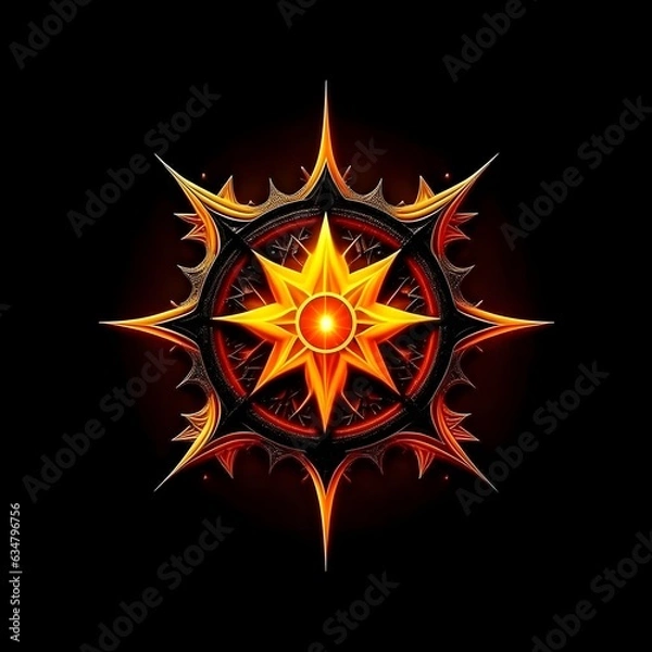 Fototapeta Abstract 8 5 6 9 10 12 pointed fractal cosmic sun burning in flame chaos star pentagram with cracked volcanic lava ground material symbolic realistic image