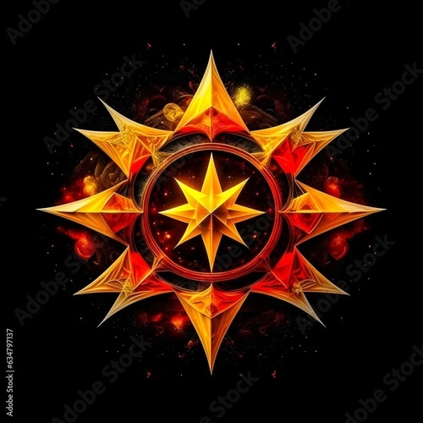 Fototapeta Abstract 8 5 6 9 10 12 pointed fractal cosmic sun burning in flame chaos star pentagram with cracked volcanic lava ground material symbolic realistic image