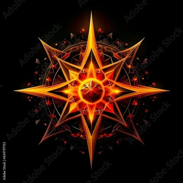 Fototapeta Abstract 8 5 6 9 10 12 pointed fractal cosmic sun burning in flame chaos star pentagram with cracked volcanic lava ground material symbolic realistic image