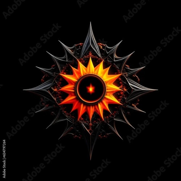Fototapeta Abstract 8 5 6 9 10 12 pointed fractal cosmic sun burning in flame chaos star pentagram with cracked volcanic lava ground material symbolic realistic image


