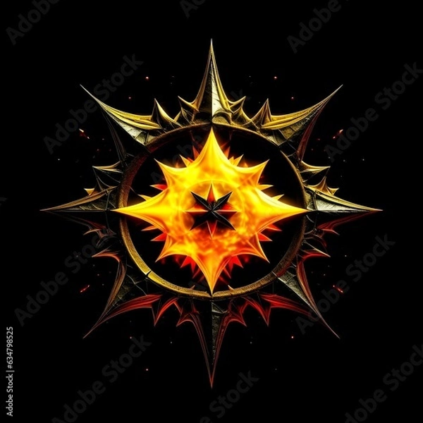 Fototapeta Abstract 8 5 6 9 10 12 pointed fractal cosmic sun burning in flame chaos star pentagram with cracked volcanic lava ground material symbolic realistic image