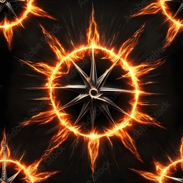 Fototapeta Abstract 8 5 6 9 10 12 pointed fractal cosmic sun burning in flame with smoke chaos star pentagram with cracked volcanic lava ground material symbolic realistic image